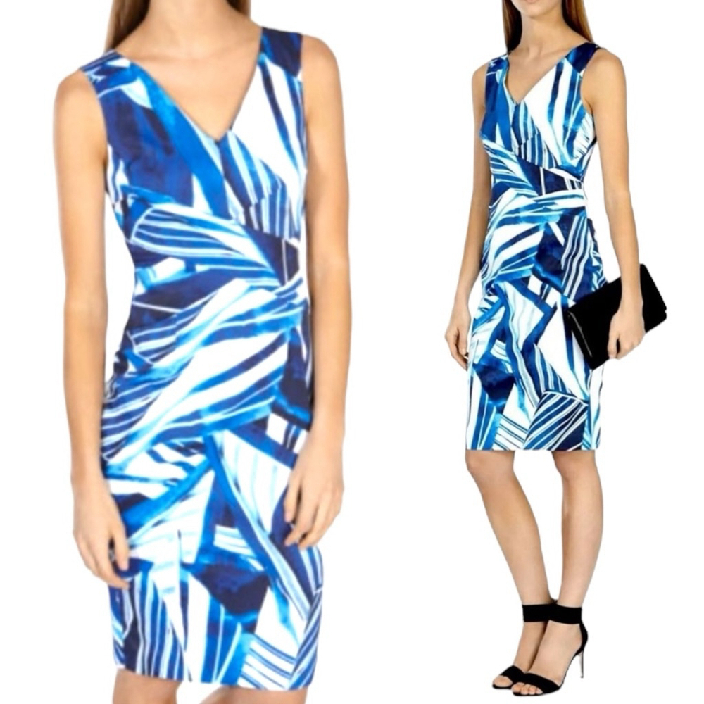 Sleeveless Blue Palm-Print V-Neck Sheath Dress